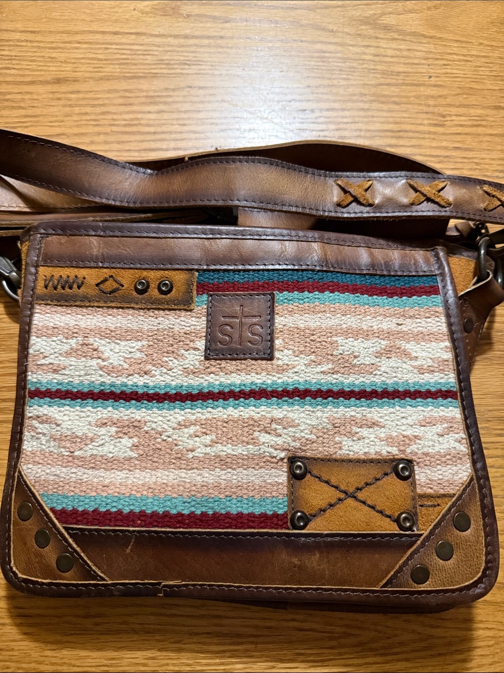 STS Ranchwear Brown Leather & Multi-Stripe Messenger Bag